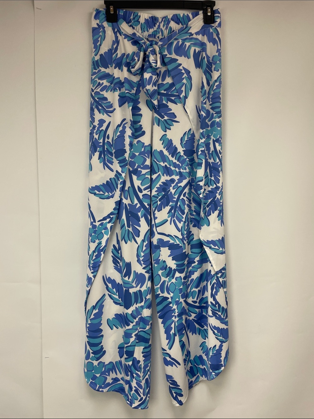 Blue Tropical Print Wide Leg Pants with Tie Waist